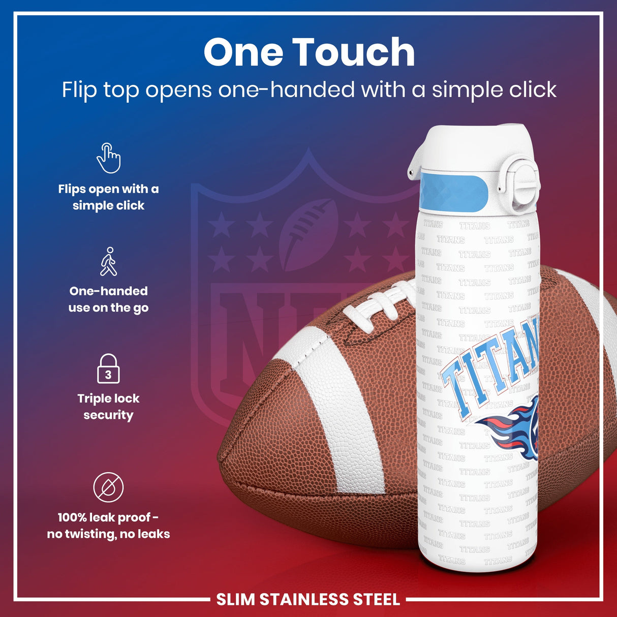 ION8 Leak Proof NFL Water Bottle, Stainless Steel, Tennessee Titans, 600ml (20oz)