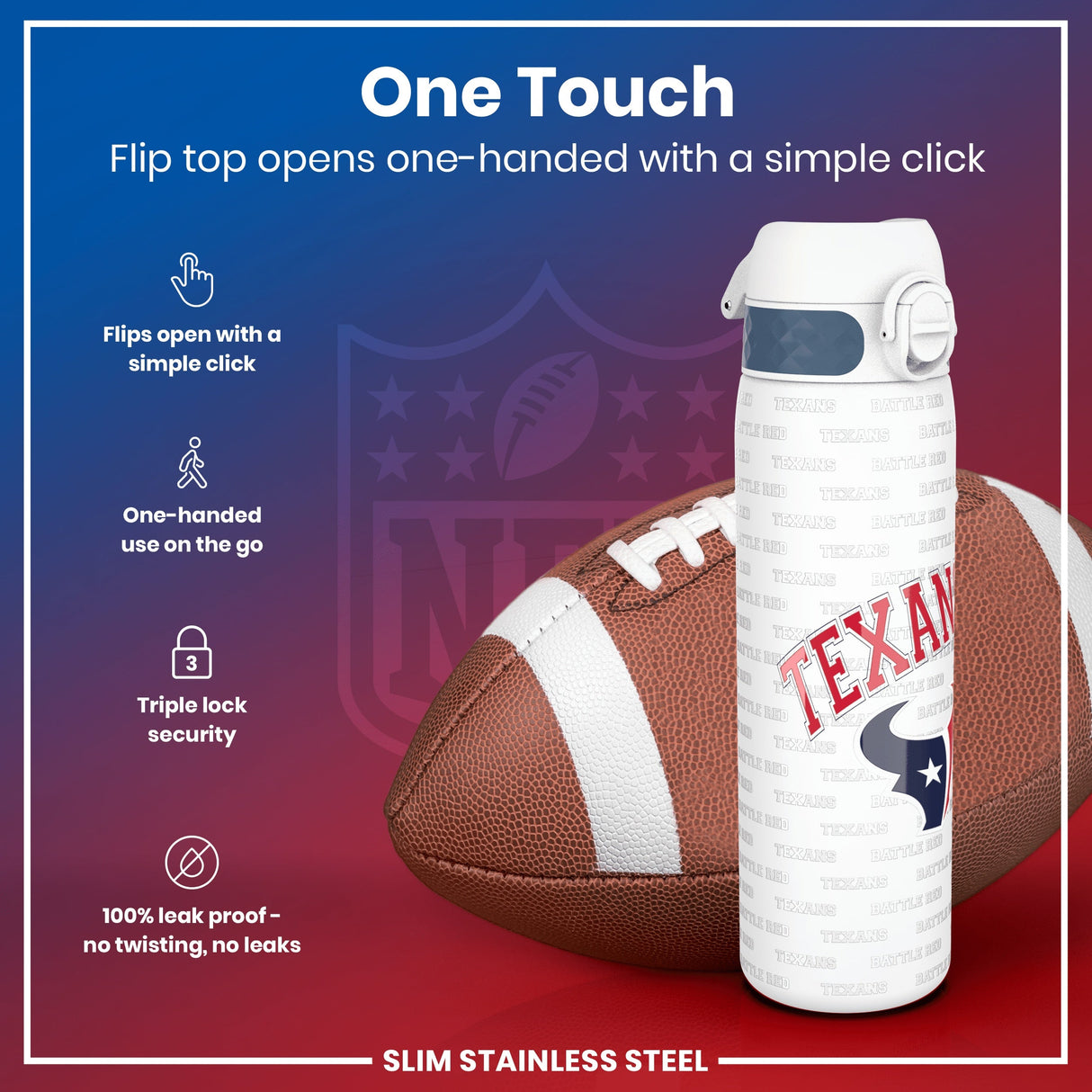 ION8 Leak Proof NFL Water Bottle, Stainless Steel, Houston Texans, 600ml (20oz)