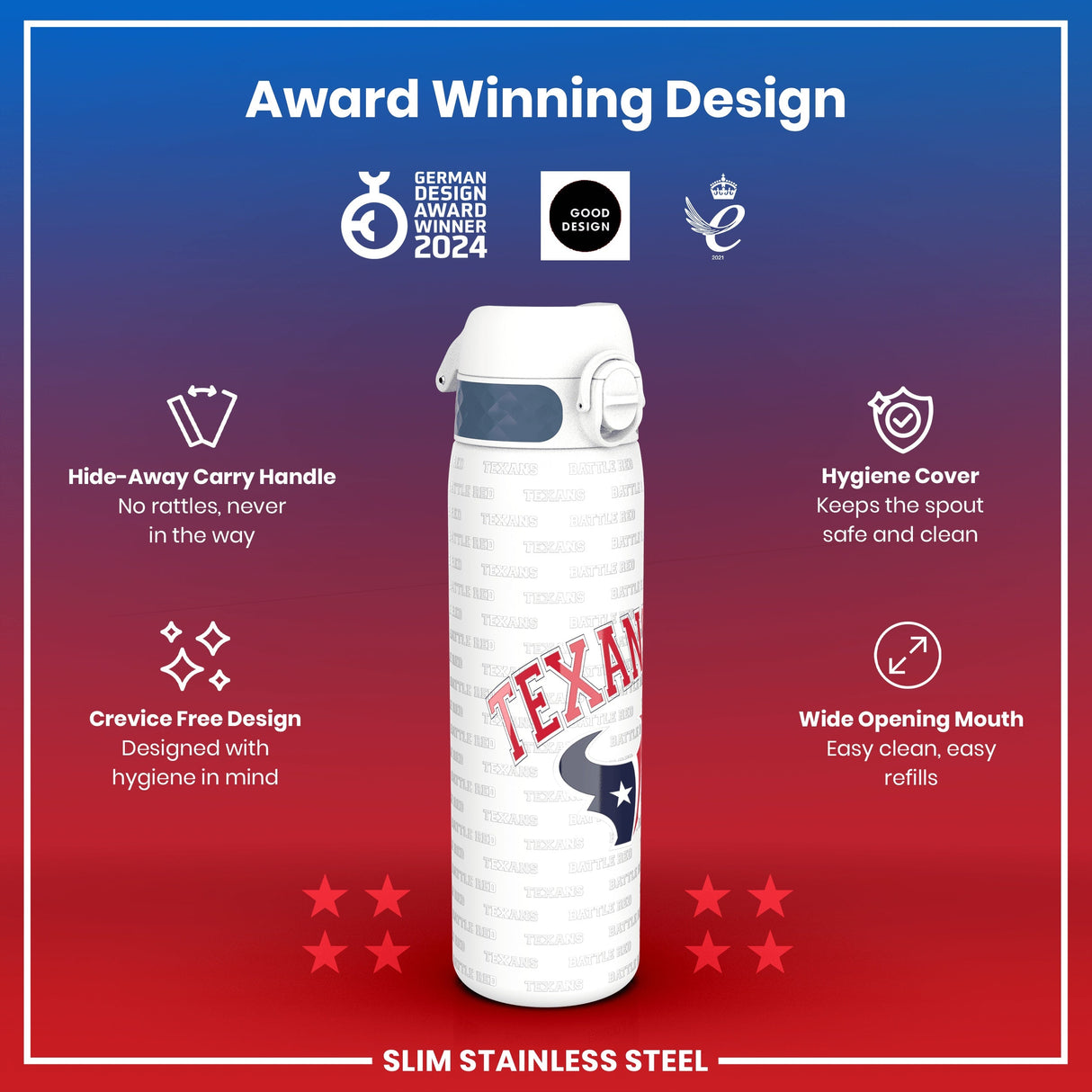 ION8 Leak Proof NFL Water Bottle, Stainless Steel, Houston Texans, 600ml (20oz)