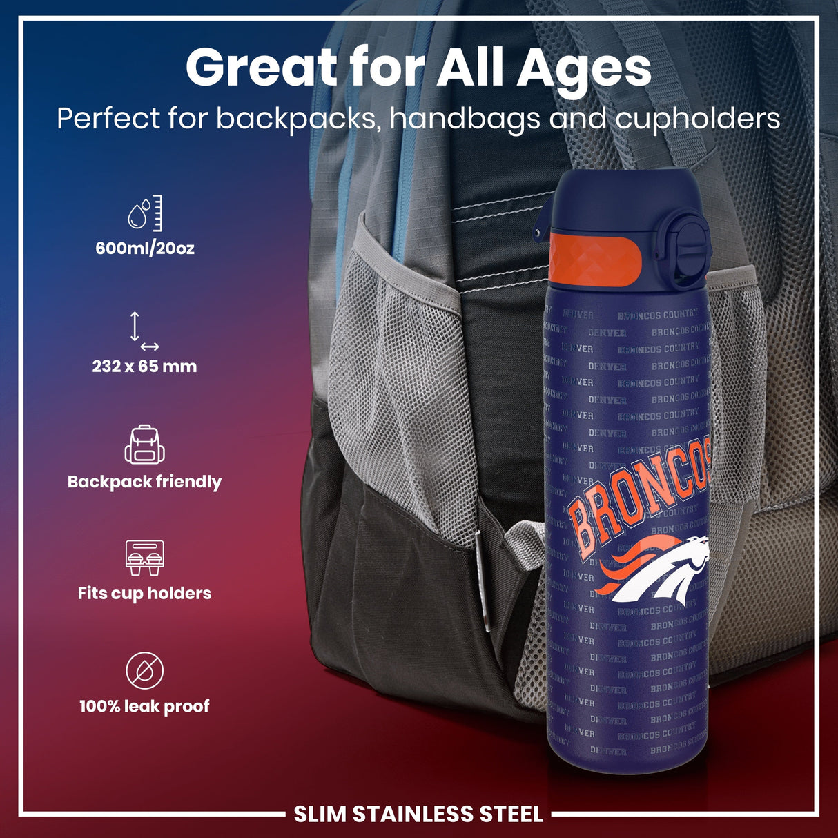 ION8 Leak Proof NFL Water Bottle, Stainless Steel, Denver Broncos, 600ml (20oz)