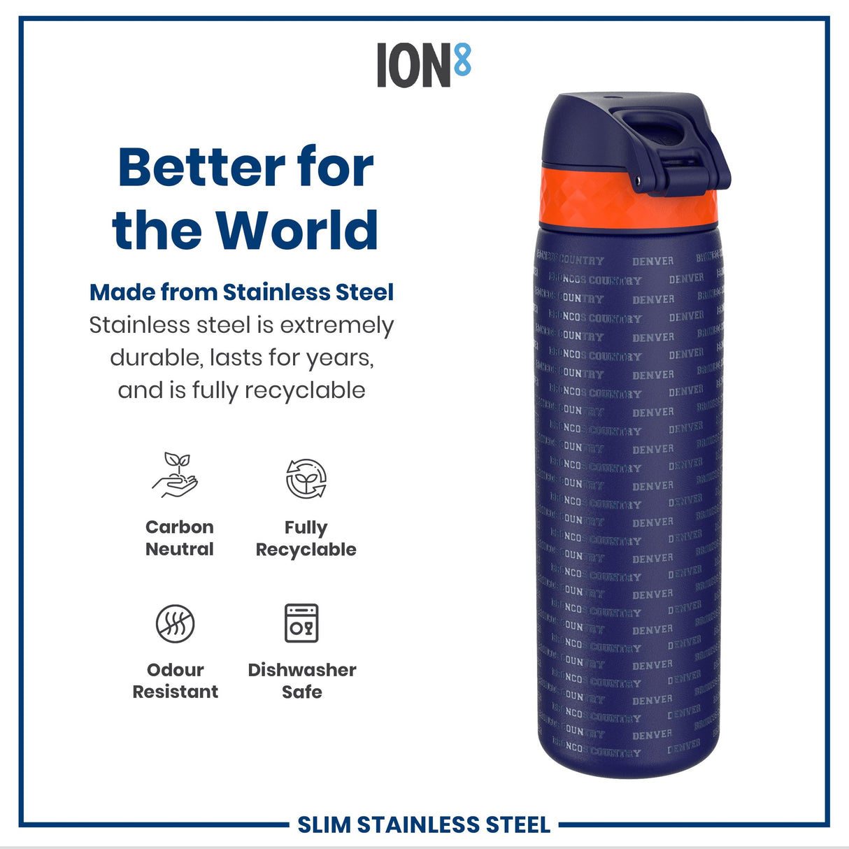 ION8 Leak Proof NFL Water Bottle, Stainless Steel, Denver Broncos, 600ml (20oz)