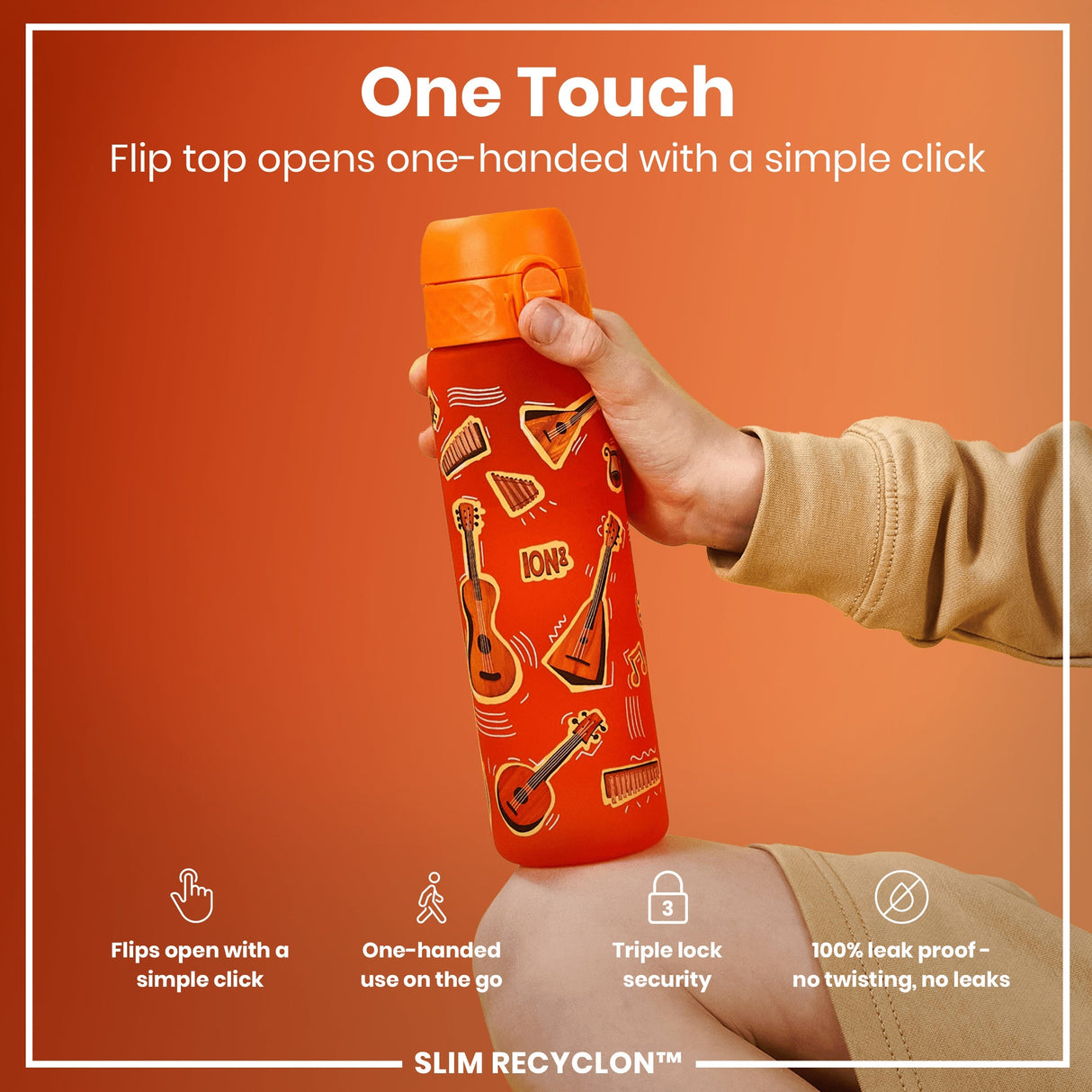 ION8 Leak Proof Slim Water Bottle, Recyclon, Music, 500ml (18oz)