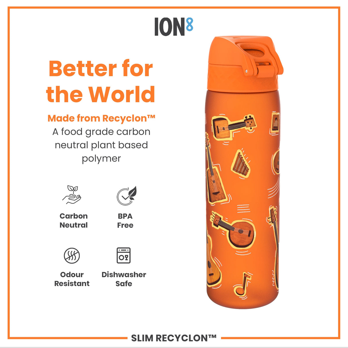 ION8 Leak Proof Slim Water Bottle, Recyclon, Music, 500ml (18oz)