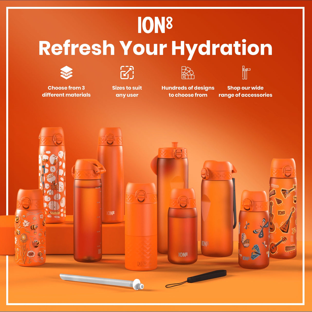 ION8 Leak Proof Slim Water Bottle, Recyclon, Music, 500ml (18oz)