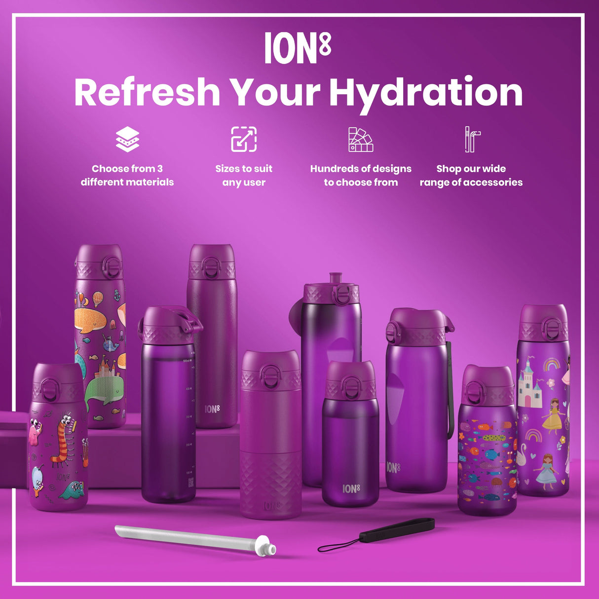 ION8 Leak Proof Slim Water Bottle, Recyclon, Princess, 500ml (18oz)