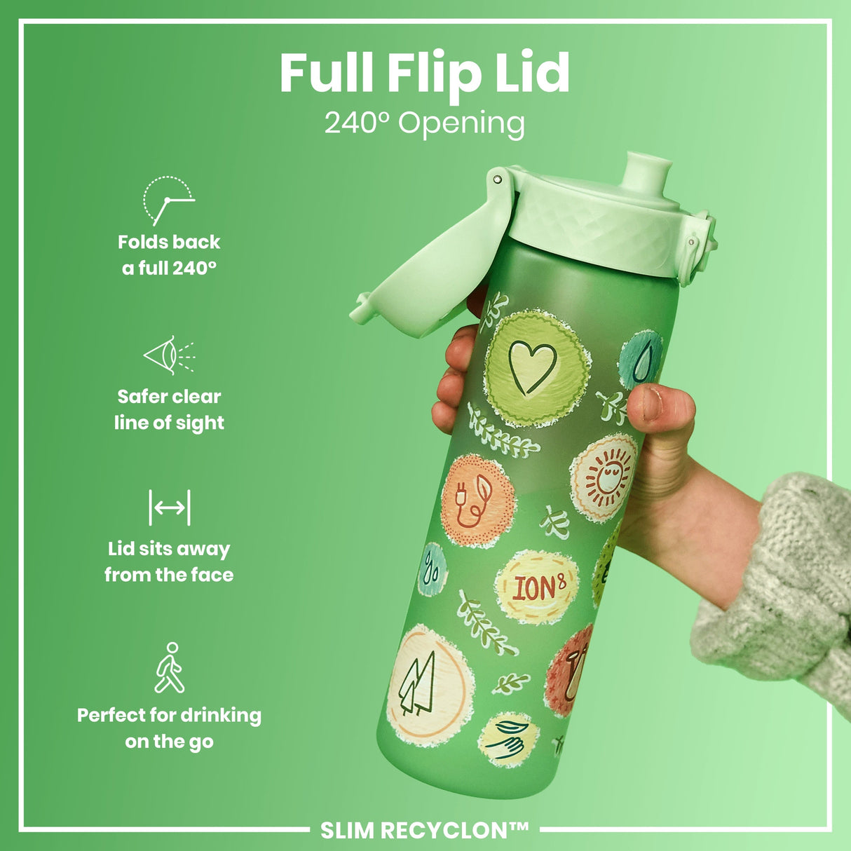 ION8 Leak Proof Slim Water Bottle, Recyclon, Eco, 500ml (18oz)