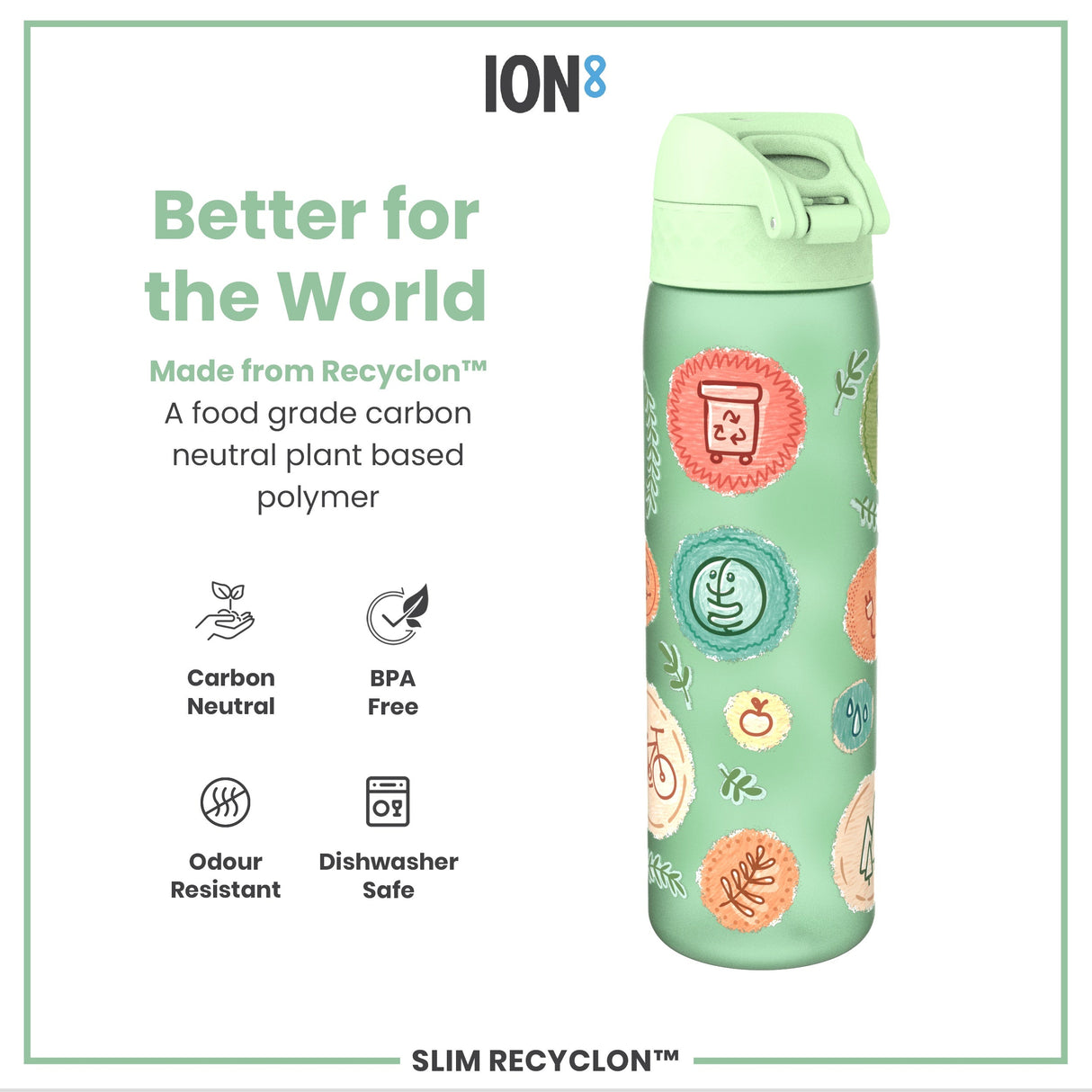 ION8 Leak Proof Slim Water Bottle, Recyclon, Eco, 500ml (18oz)