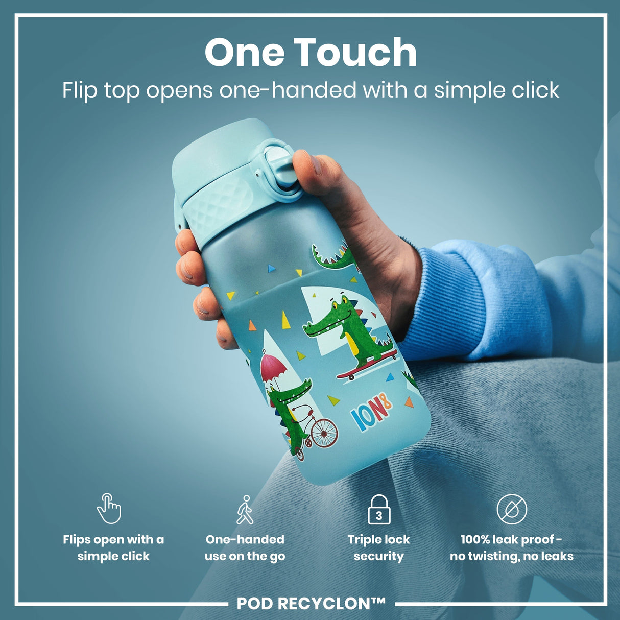 ION8 Leak Proof Kids Water Bottle, Recyclon, Crocodiles, 350ml (12oz)