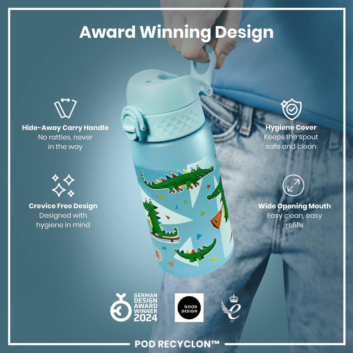 ION8 Leak Proof Kids Water Bottle, Recyclon, Crocodiles, 350ml (12oz)