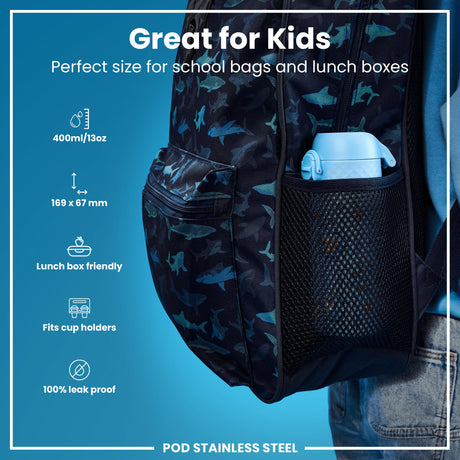 ION8 Leak Proof Kids Water Bottle, Stainless Steel, Sharks, 400ml (13oz)