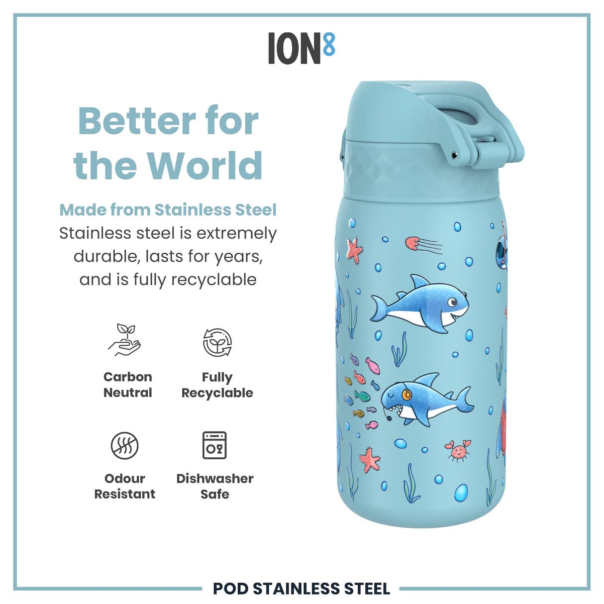 ION8 Leak Proof Kids Water Bottle, Stainless Steel, Sharks, 400ml (13oz)