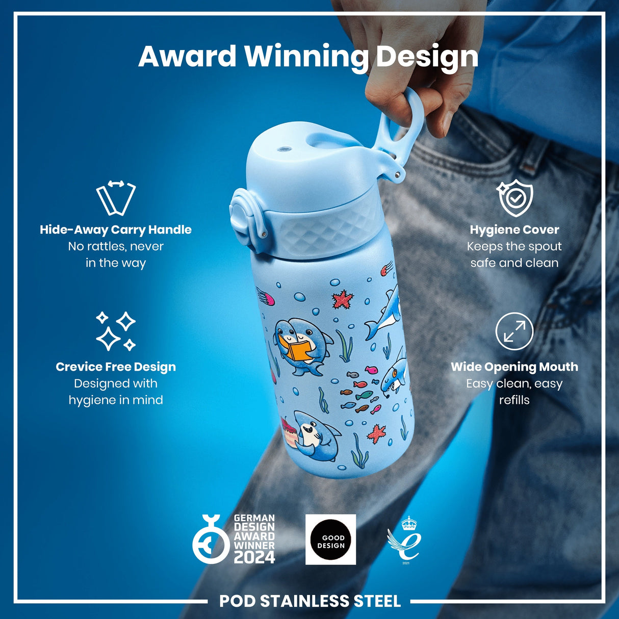 ION8 Leak Proof Kids Water Bottle, Stainless Steel, Sharks, 400ml (13oz)