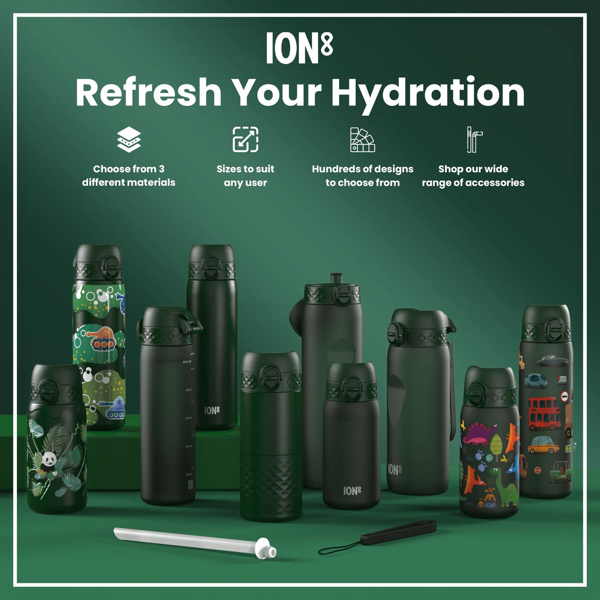 ION8 Leak Proof Slim Water Bottle, Stainless Steel, Tanks, 600ml (20oz)