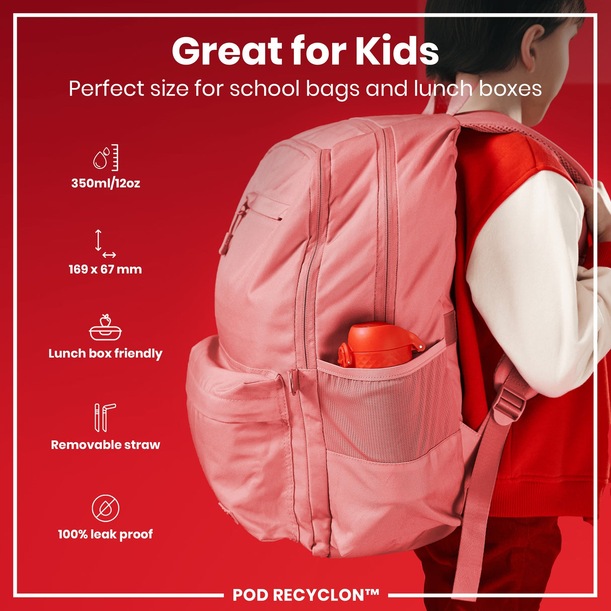 ION8 Leak Proof Small Water Bottle With Straw, Recyclon, Red, 350ml (12oz)