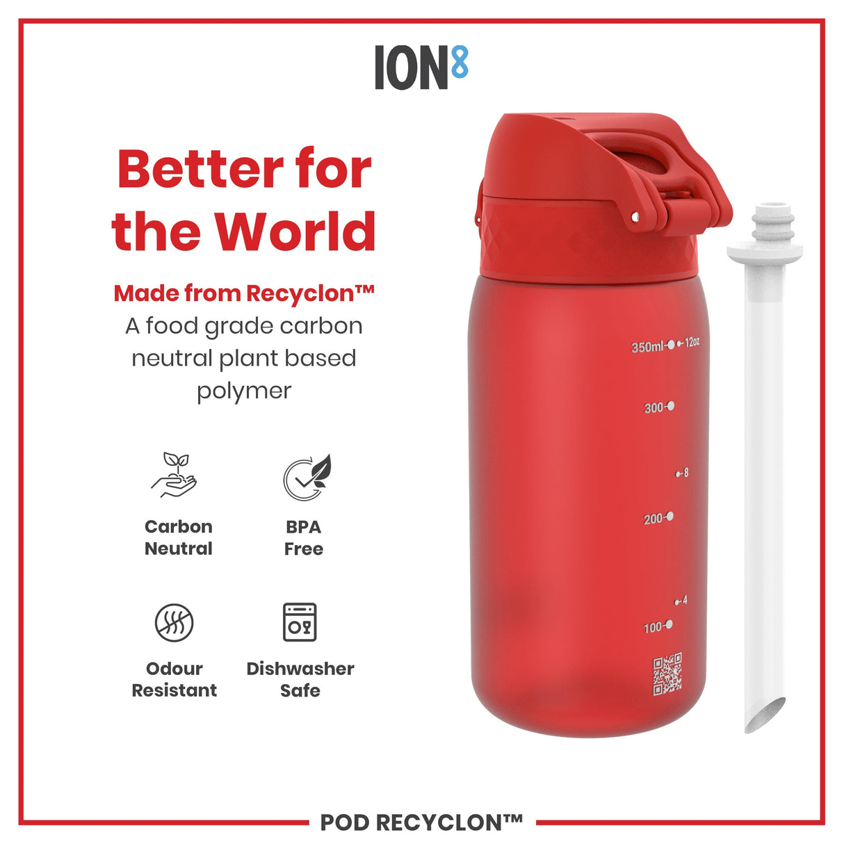ION8 Leak Proof Small Water Bottle With Straw, Recyclon, Red, 350ml (12oz)