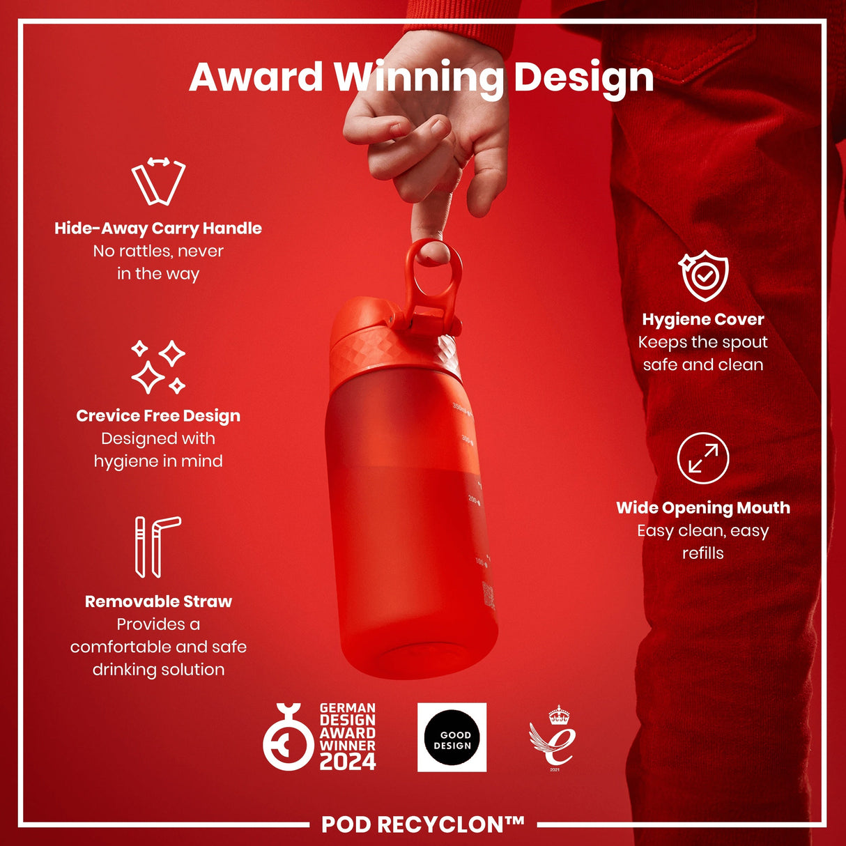 ION8 Leak Proof Small Water Bottle With Straw, Recyclon, Red, 350ml (12oz)