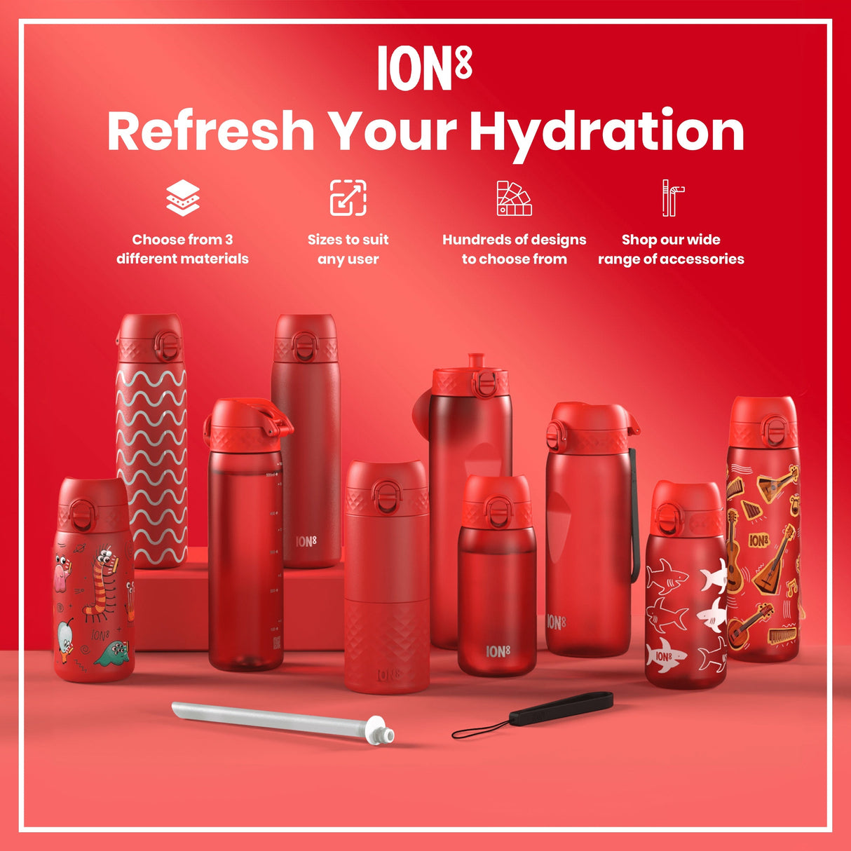 ION8 Leak Proof Small Water Bottle With Straw, Recyclon, Red, 350ml (12oz)