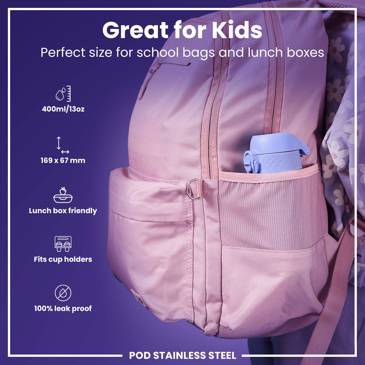 ION8 Leak Proof Kids Water Bottle, Stainless Steel, Light Purple, 400ml (13oz)