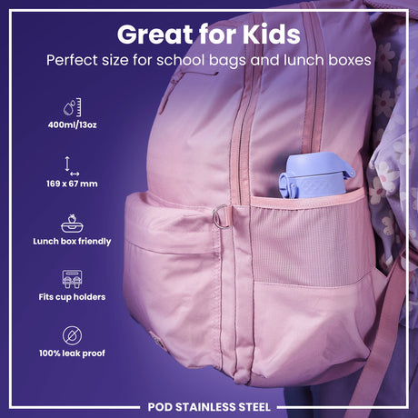 ION8 Leak Proof Kids Water Bottle, Stainless Steel, Light Purple, 400ml (13oz)