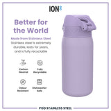 ION8 Leak Proof Kids Water Bottle, Stainless Steel, Light Purple, 400ml (13oz)