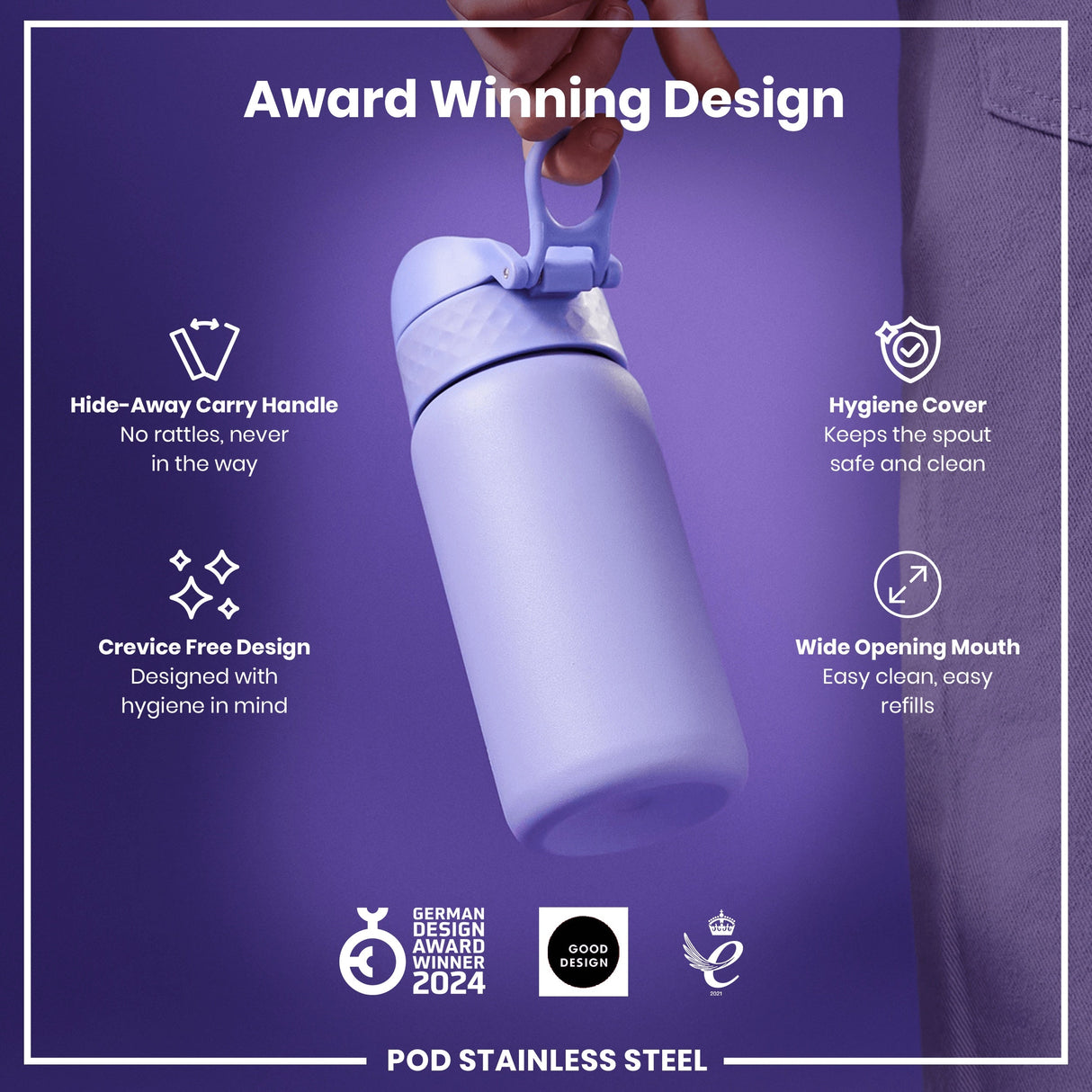 ION8 Leak Proof Kids Water Bottle, Stainless Steel, Light Purple, 400ml (13oz)