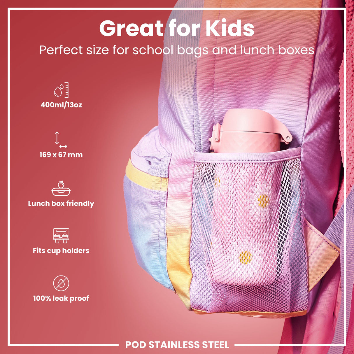 ION8 Leak Proof Kids Water Bottle, Stainless Steel, Daisies, 400ml (13oz)