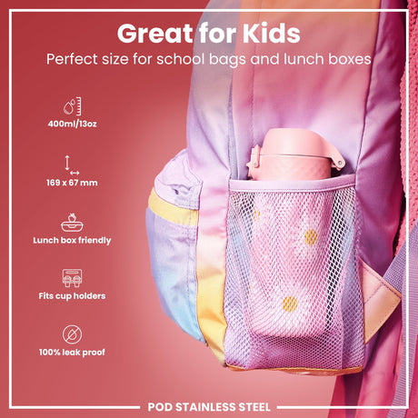 ION8 Leak Proof Kids Water Bottle, Stainless Steel, Daisies, 400ml (13oz)