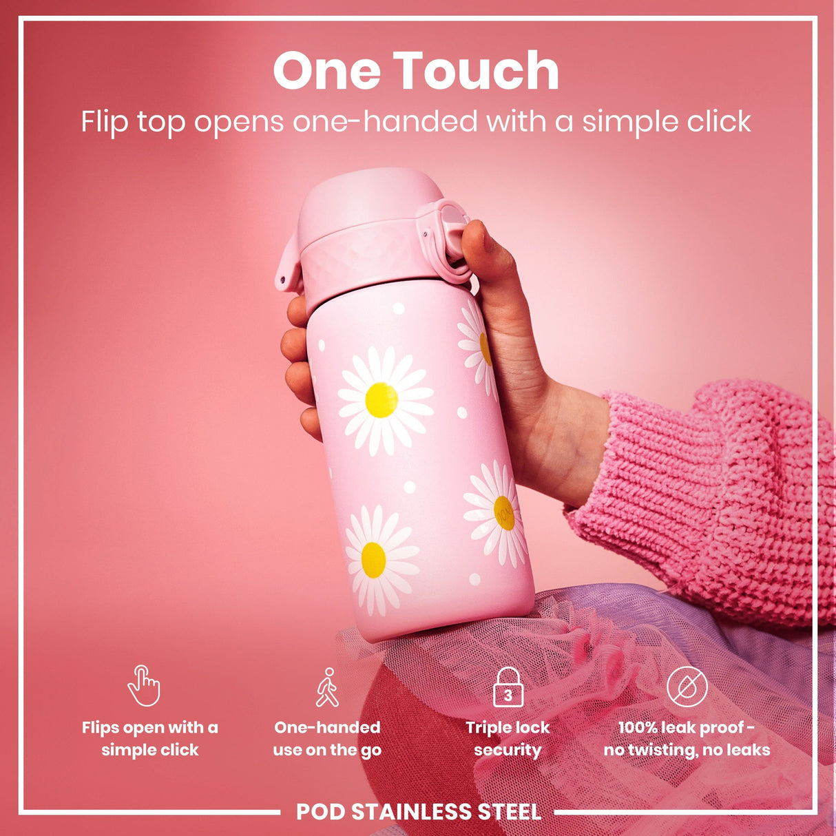ION8 Leak Proof Kids Water Bottle, Stainless Steel, Daisies, 400ml (13oz)