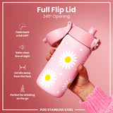 ION8 Leak Proof Kids Water Bottle, Stainless Steel, Daisies, 400ml (13oz)