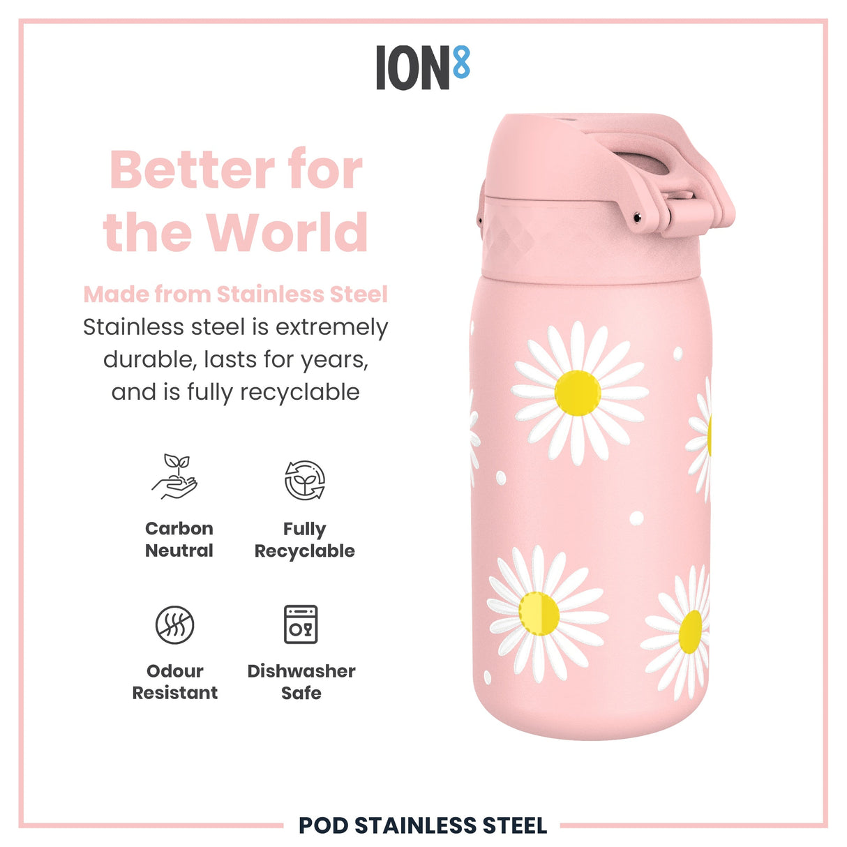 ION8 Leak Proof Kids Water Bottle, Stainless Steel, Daisies, 400ml (13oz)