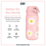ION8 Leak Proof Kids Water Bottle, Stainless Steel, Daisies, 400ml (13oz)