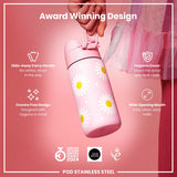 ION8 Leak Proof Kids Water Bottle, Stainless Steel, Daisies, 400ml (13oz)