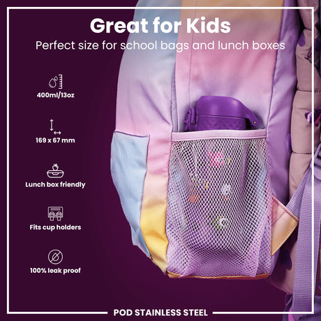 ION8 Leak Proof Kids Water Bottle, Stainless Steel, Aliens, 400ml (13oz)