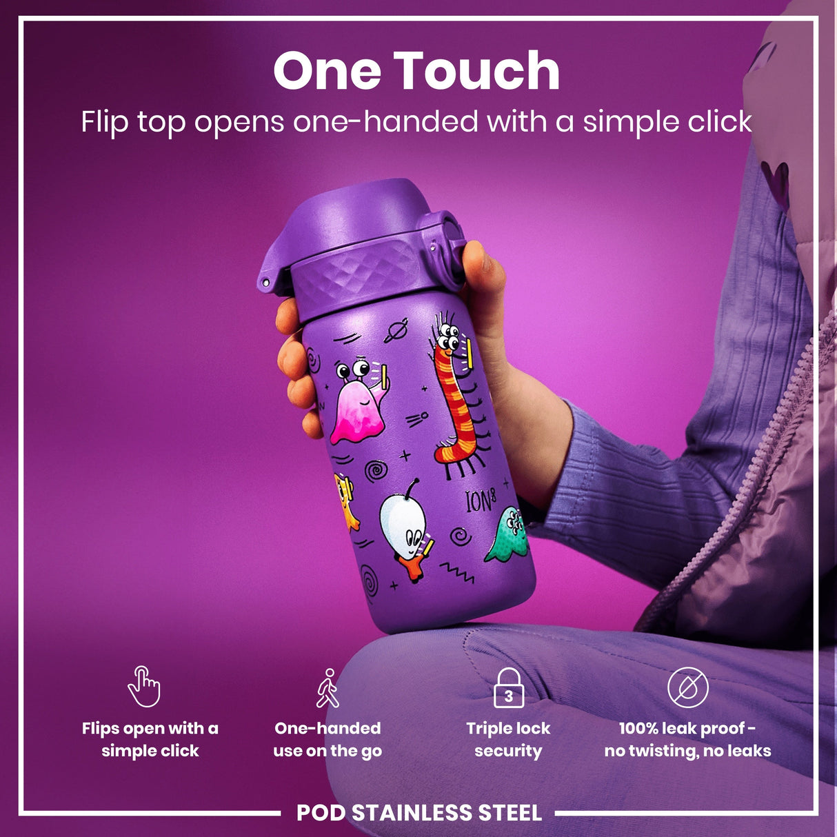 ION8 Leak Proof Kids Water Bottle, Stainless Steel, Aliens, 400ml (13oz)