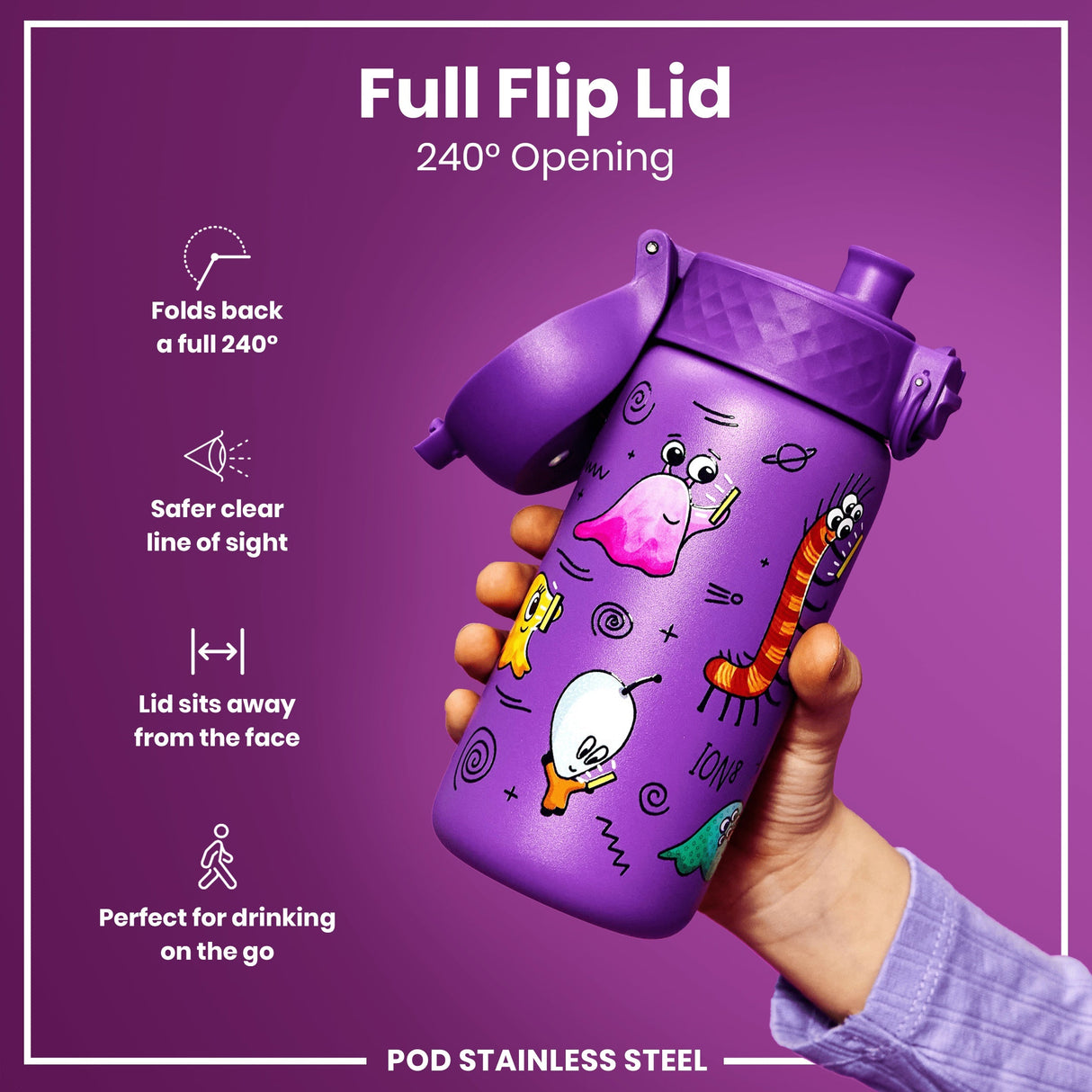ION8 Leak Proof Kids Water Bottle, Stainless Steel, Aliens, 400ml (13oz)