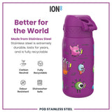 ION8 Leak Proof Kids Water Bottle, Stainless Steel, Aliens, 400ml (13oz)