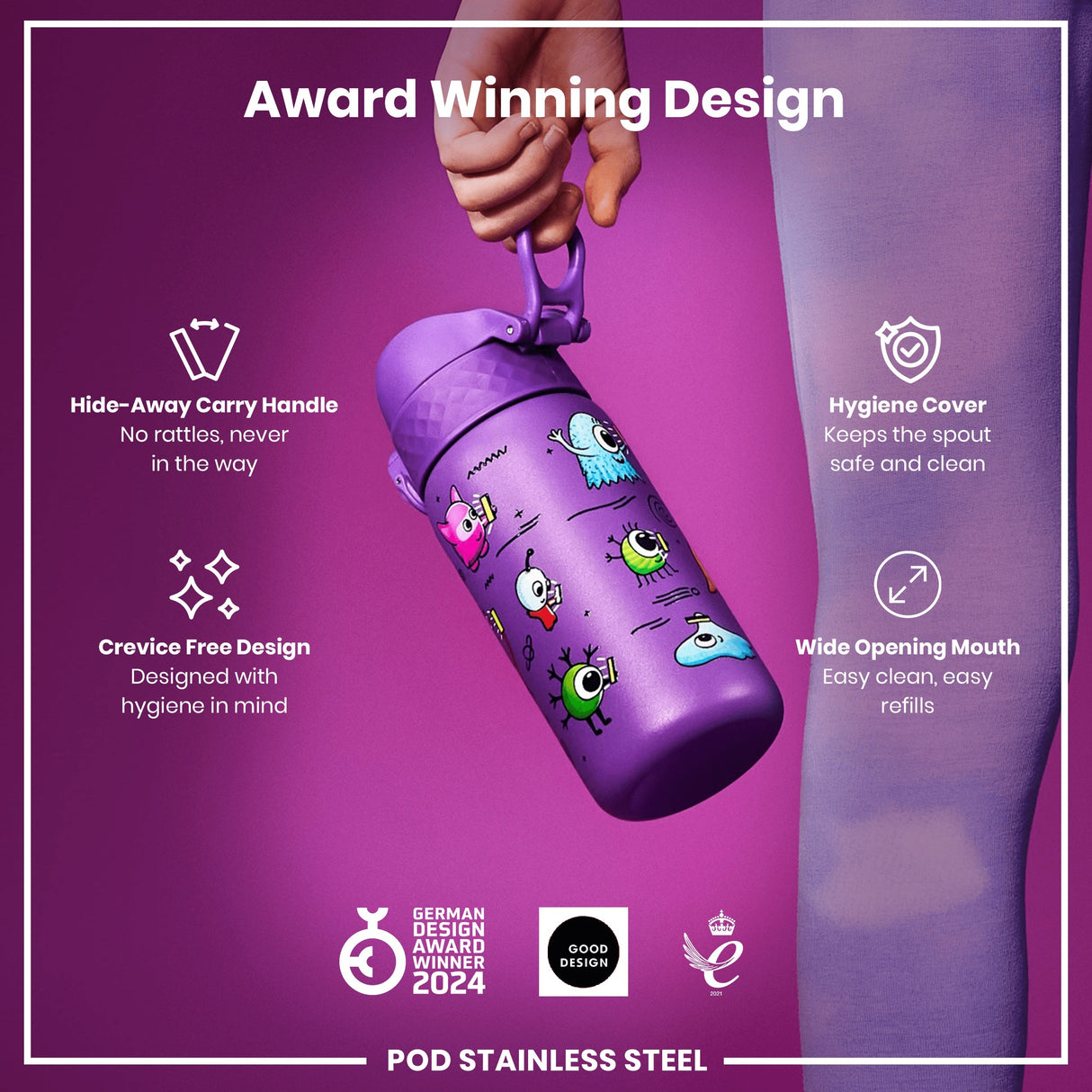 ION8 Leak Proof Kids Water Bottle, Stainless Steel, Aliens, 400ml (13oz)