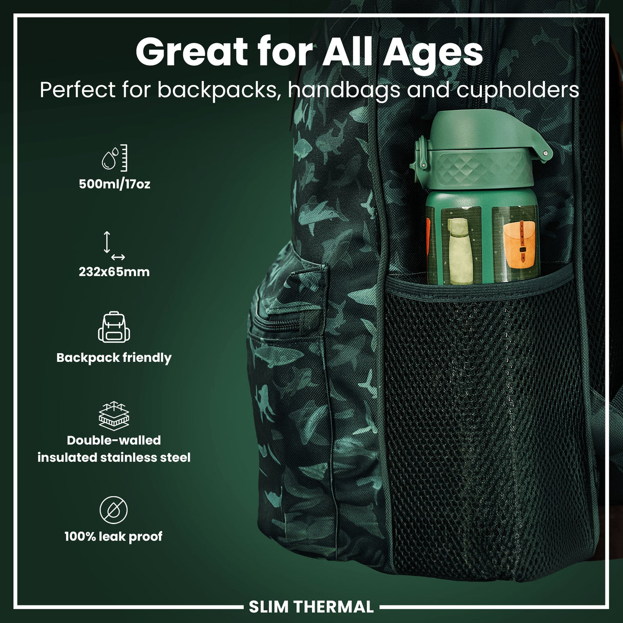 ION8 Leak Proof Slim Thermal Water Bottle, Insulated Steel, Fishing, 500ml (17oz)