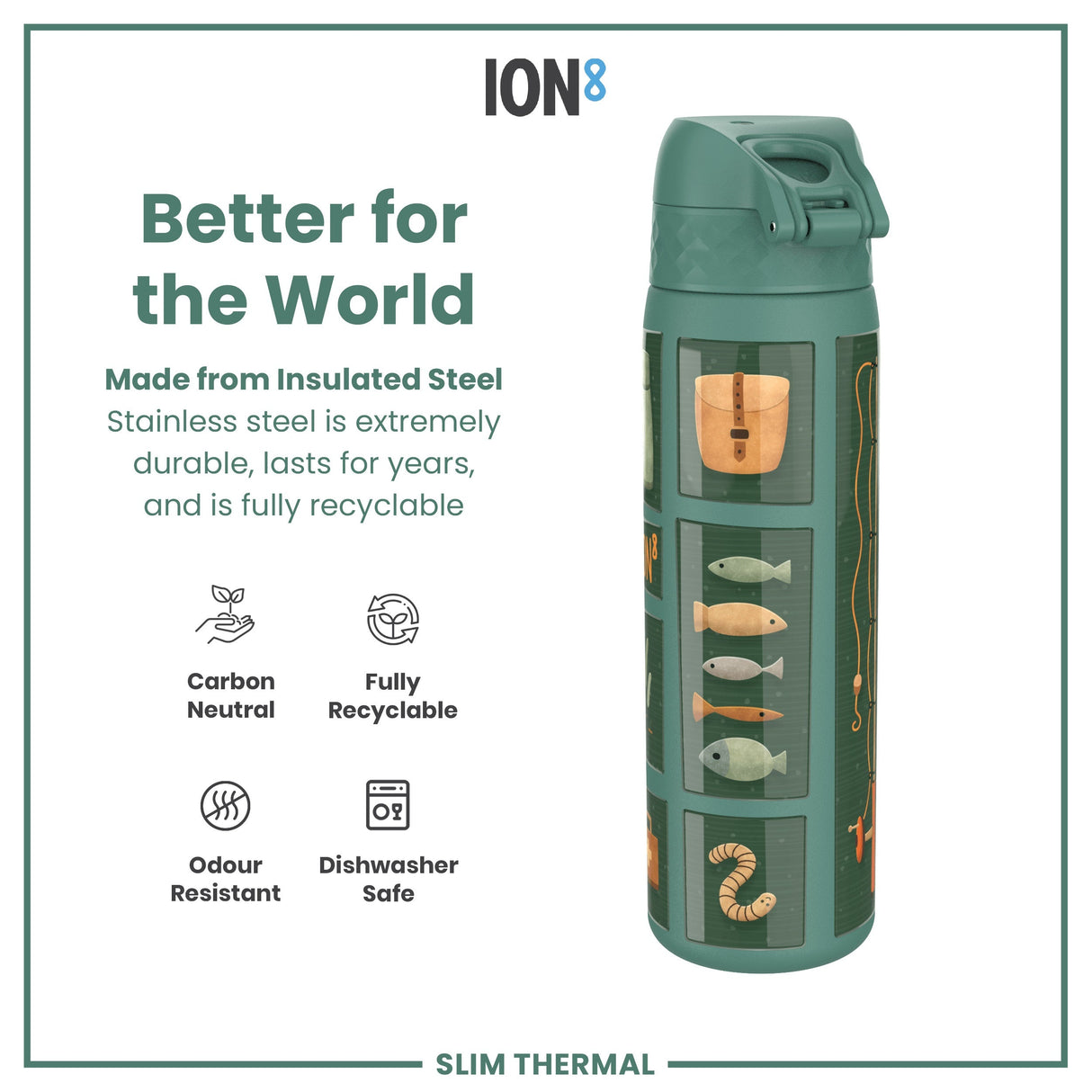 ION8 Leak Proof Slim Thermal Water Bottle, Insulated Steel, Fishing, 500ml (17oz)