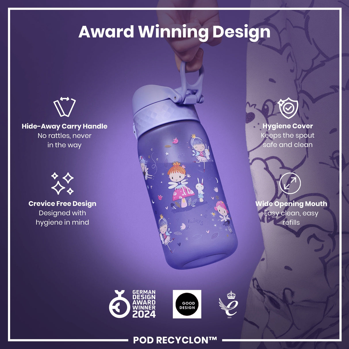 ION8 Leak Proof Kids Water Bottle, Recyclon, Fairies, 350ml (12oz)