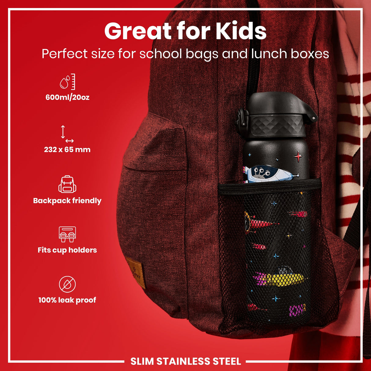 ION8 Leak Proof Slim Water Bottle, Stainless Steel, Spaceships, 600ml (20oz)