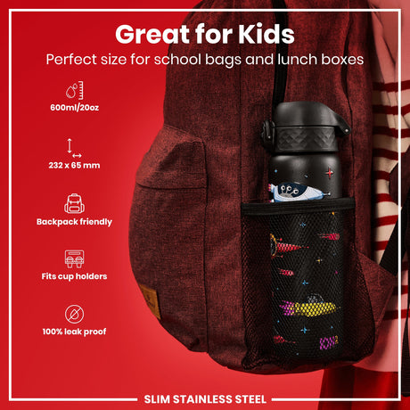 ION8 Leak Proof Slim Water Bottle, Stainless Steel, Spaceships, 600ml (20oz)