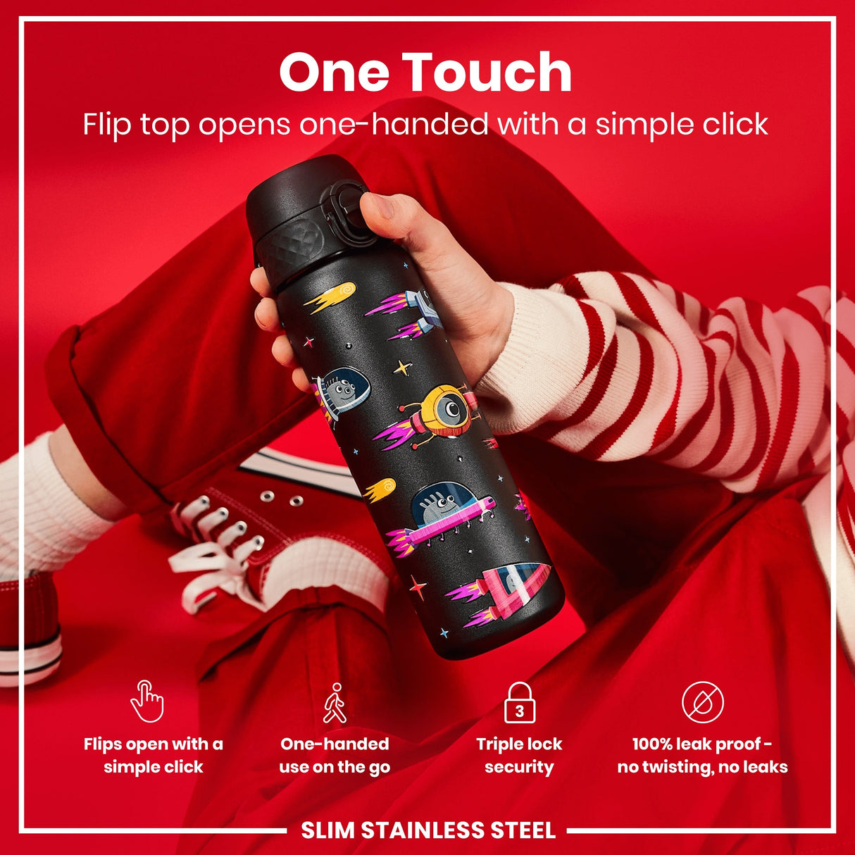 ION8 Leak Proof Slim Water Bottle, Stainless Steel, Spaceships, 600ml (20oz)