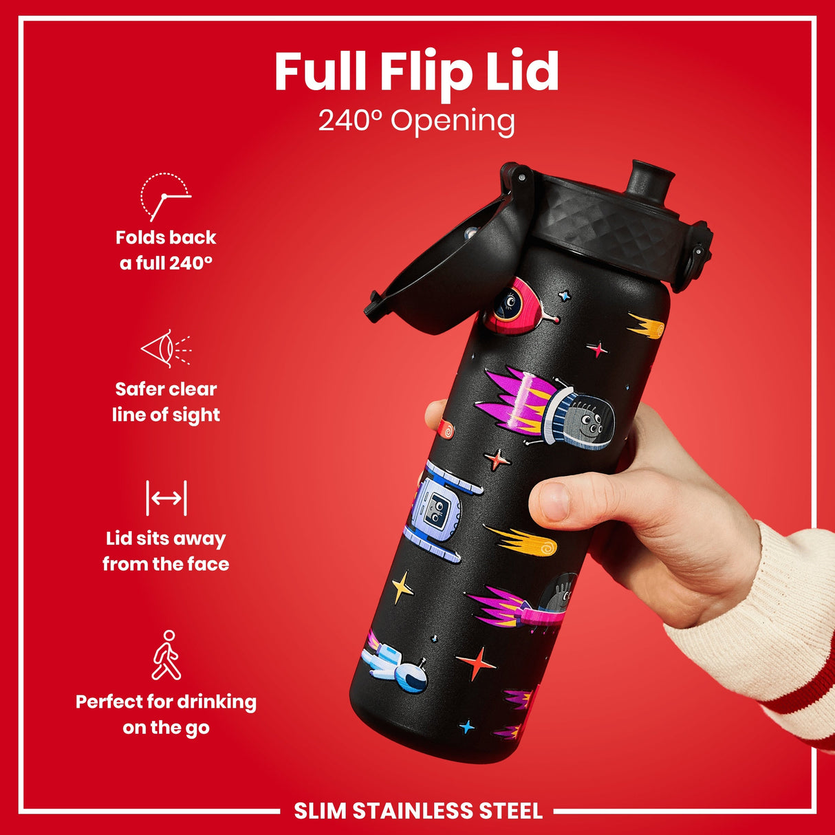 ION8 Leak Proof Slim Water Bottle, Stainless Steel, Spaceships, 600ml (20oz)
