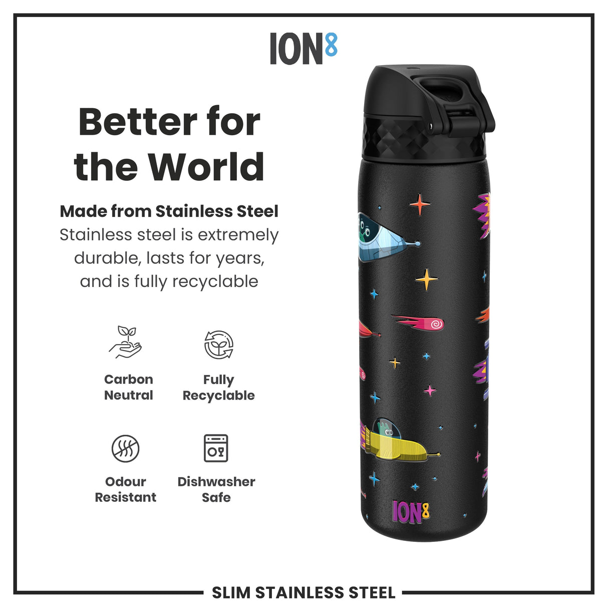 ION8 Leak Proof Slim Water Bottle, Stainless Steel, Spaceships, 600ml (20oz)