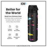 ION8 Leak Proof Slim Water Bottle, Stainless Steel, Spaceships, 600ml (20oz)