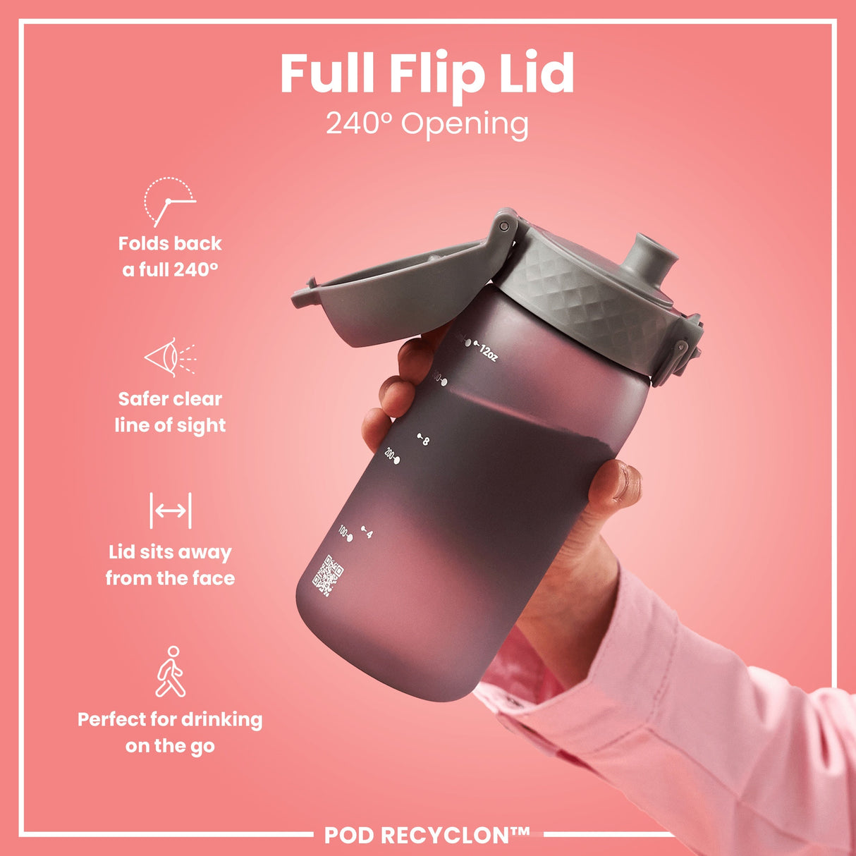 ION8 Leak Proof Small Water Bottle With Straw, Recyclon, Grey, 350ml (12oz)