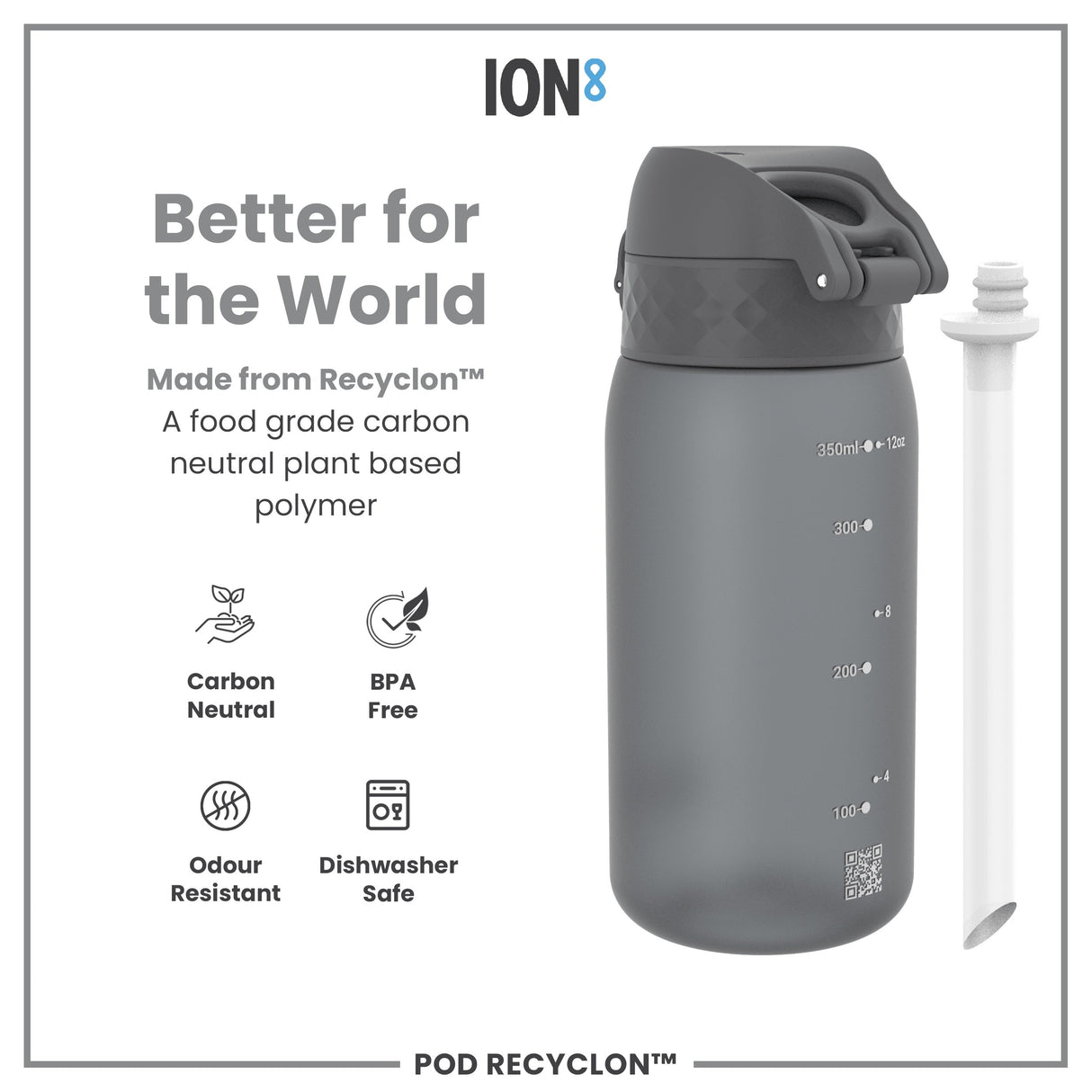 ION8 Leak Proof Small Water Bottle With Straw, Recyclon, Grey, 350ml (12oz)