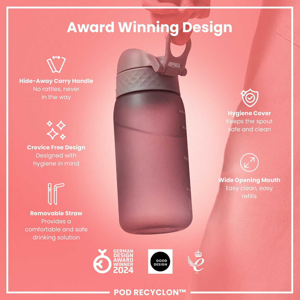 ION8 Leak Proof Small Water Bottle With Straw, Recyclon, Grey, 350ml (12oz)