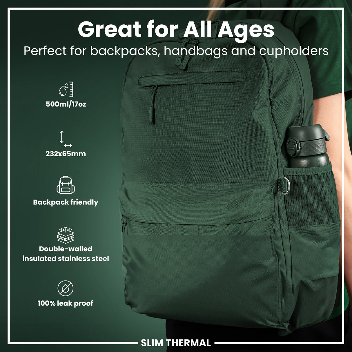 ION8 Leak Proof Slim Thermal Water Bottle, Insulated Steel, Dark Green, 500ml (17oz)